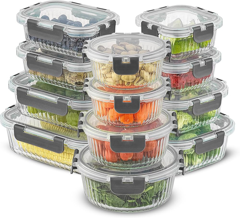 JoyJolt 24pc Fluted Glass Storage Containers with Lids. 12 Airtight, Freezer Safe Food Storage Co... | Amazon (US)