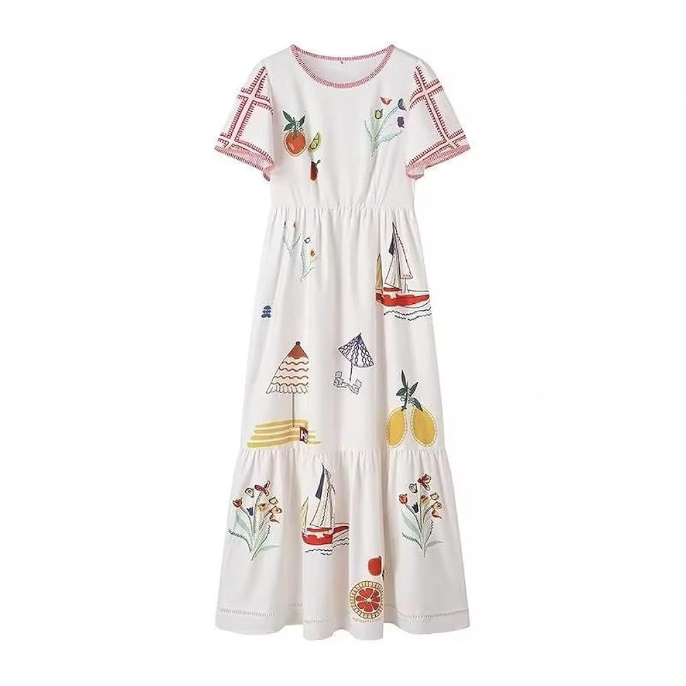 Women's Summer O-Neck Short Sleeve A-Line Maxi Dress with Multi-Print White Casual Holiday Robe | Amazon (US)