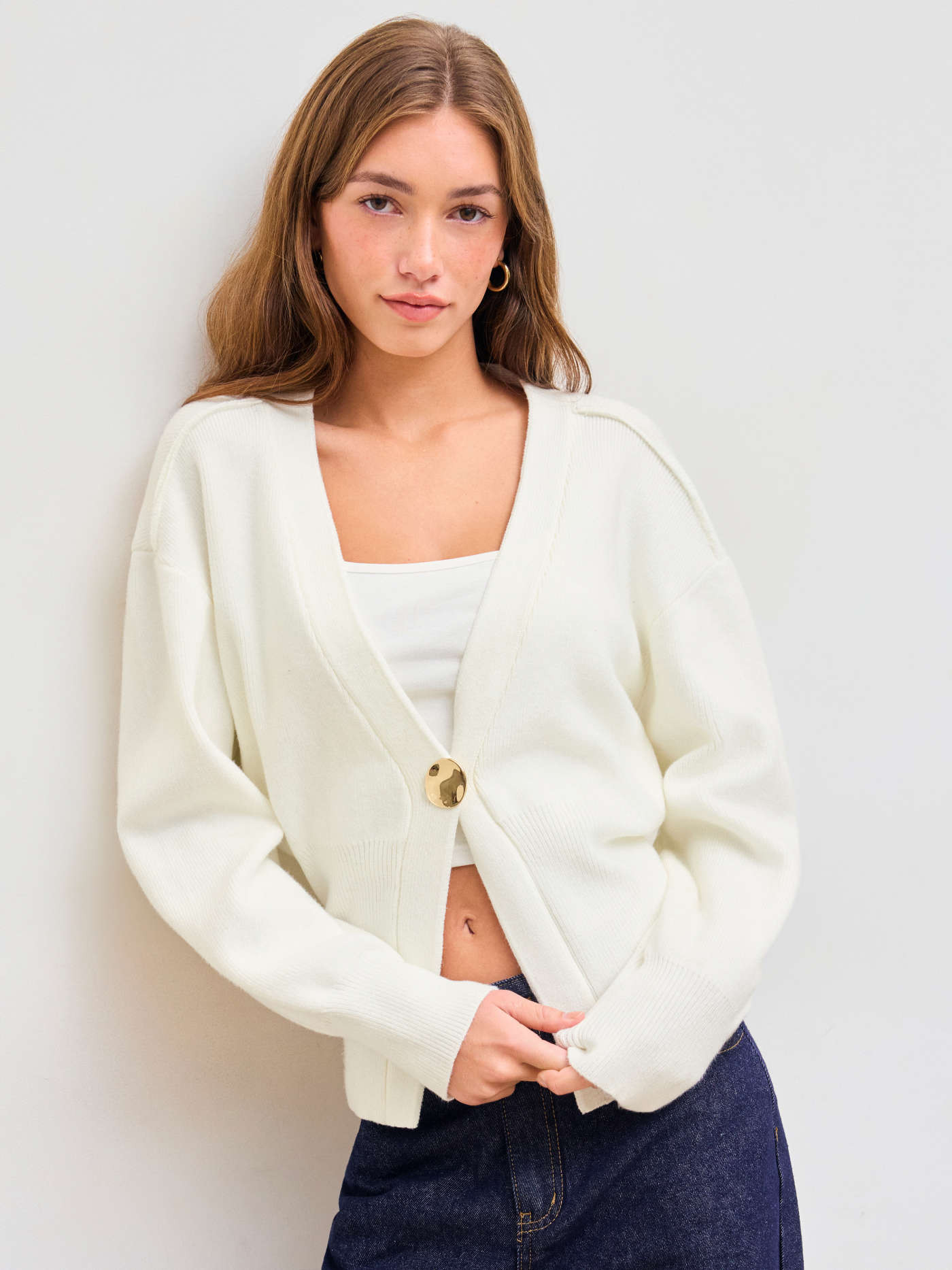 Knit V-neck  Metallic Button Cardigan | Cider