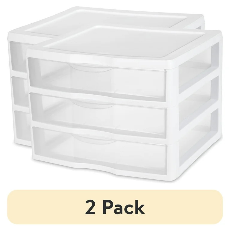 (2 pack) Sterilite Wide 3 Drawer Unit, Clear Plastic Countertop or Desktop Drawers, White - Walma... | Walmart (US)