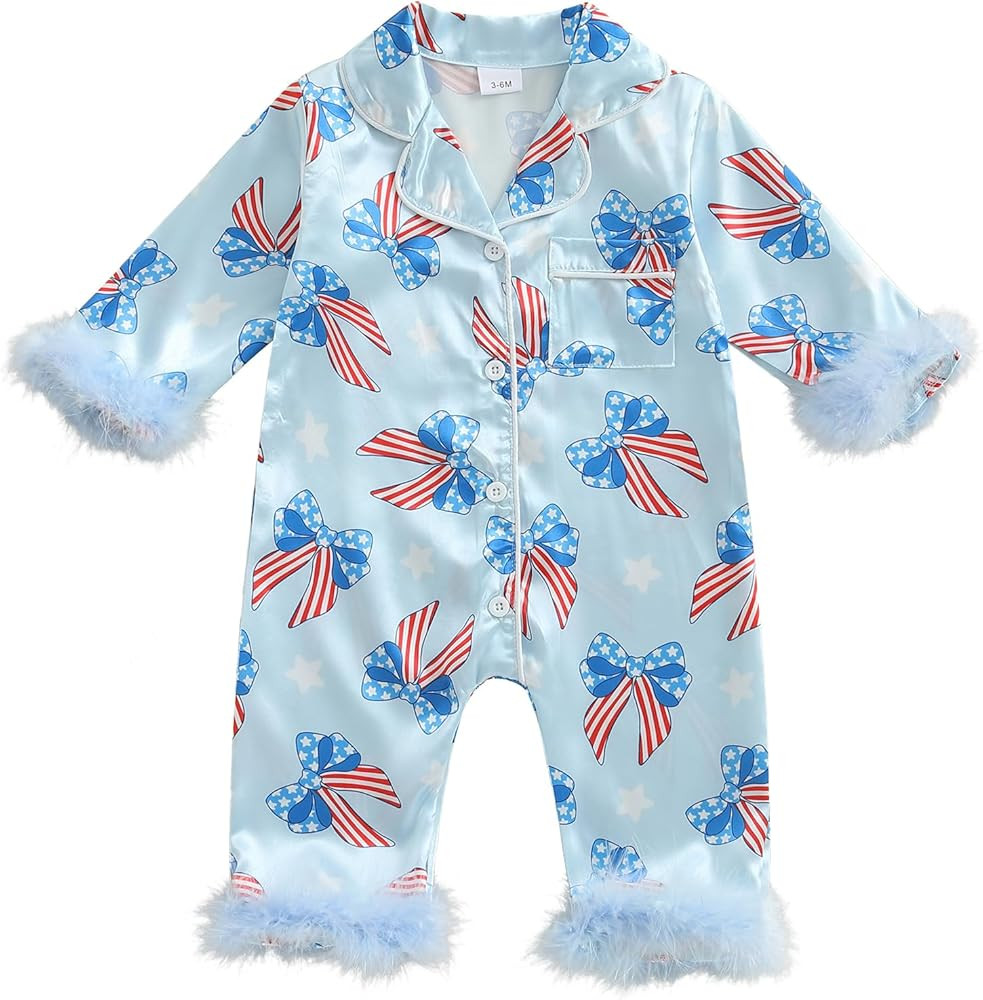 woshilaocai Baby Girl Button Down Romper Bow Strawberry Fuzzy Cuff Long Sleeve Jumpsuit Spring Su... | Amazon (US)