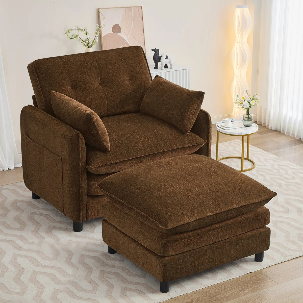 Deloni 41"W Upholstered Oversized Chenille Accent Armchair with Ottoman with 2 Pillow | Wayfair North America