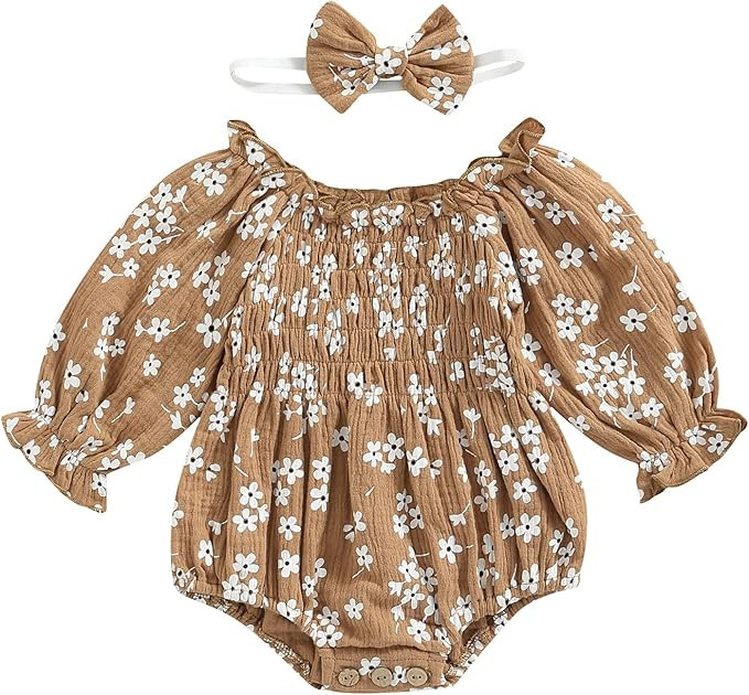 2pcs Baby Girl Smocked Bubble Romper Newborn Long Sleeve Off Shoulder Flowers Printed Ruffle Jump... | Amazon (US)