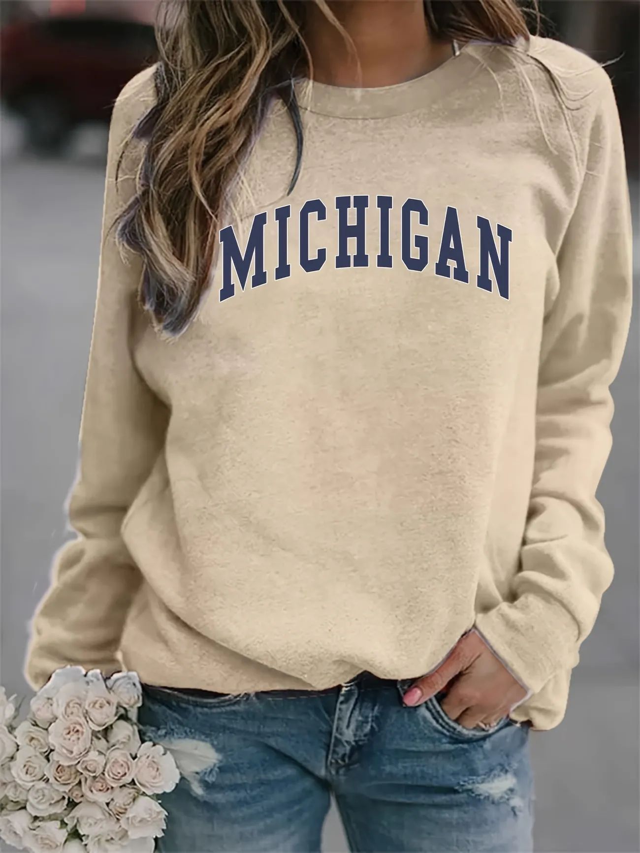 Michigan Print Sweatshirt, Casual Long Sleeve Crew Neck Sweatshirt, Women's Clothing | Temu Affiliate Program