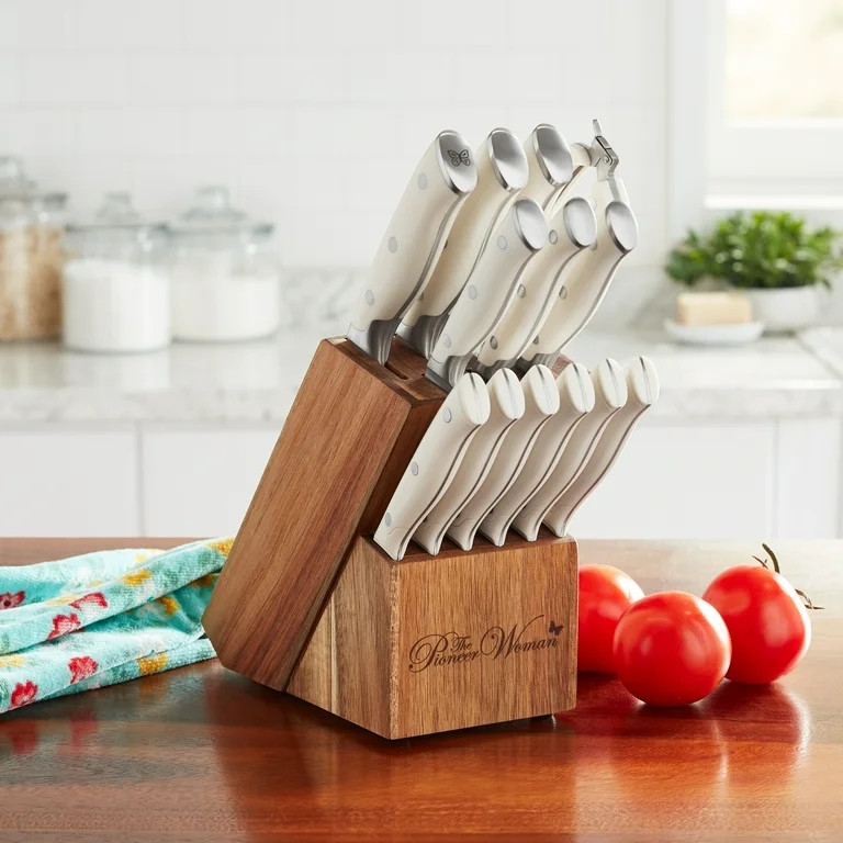 The Pioneer Woman Pioneer Signature 14-Piece Stainless Steel Knife Block Set, Linen | Walmart (US)