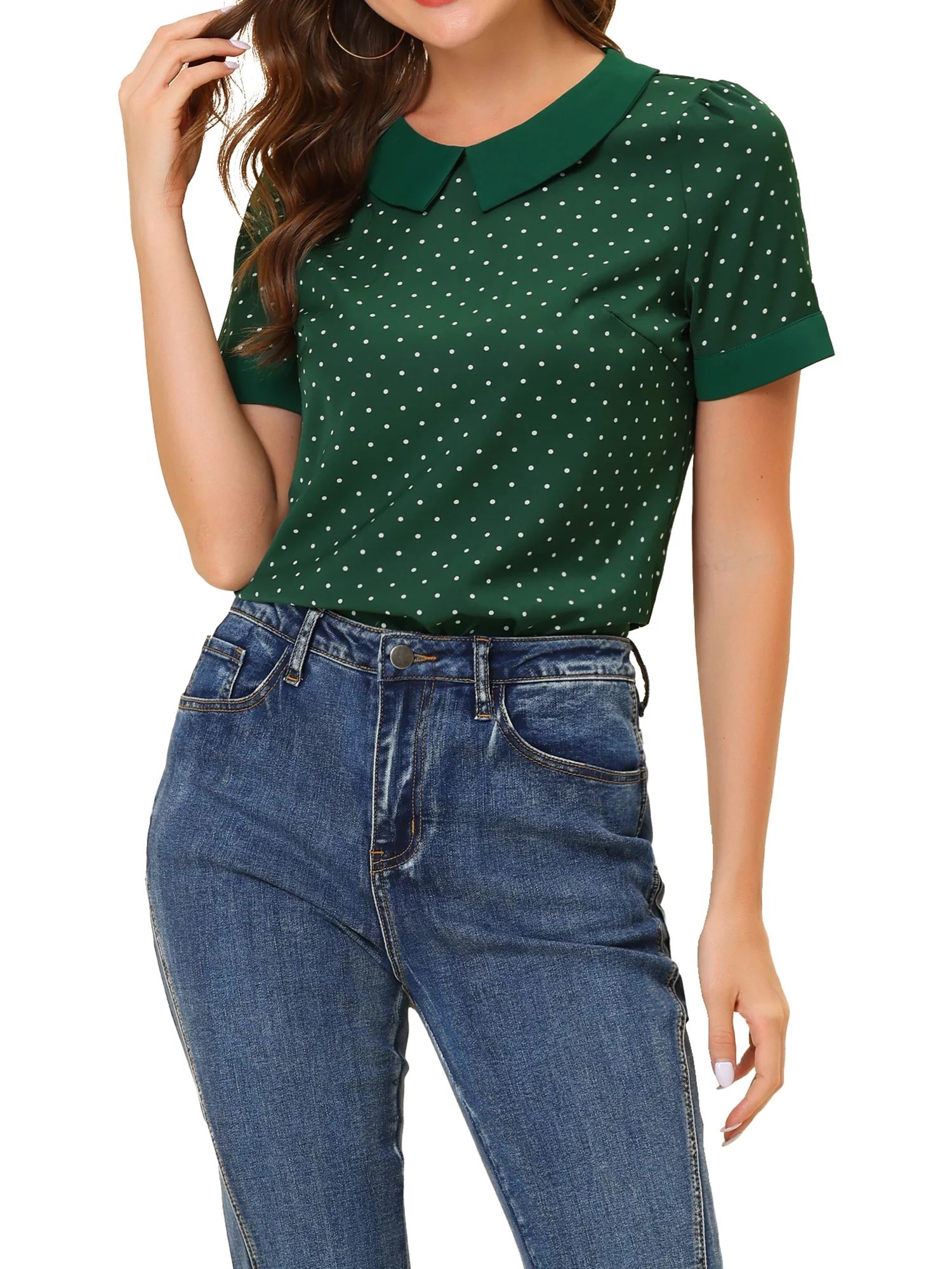Allegra K Women's Contrast Peter Pan Collar Polka Dots Short Sleeve Tops | Walmart (US)