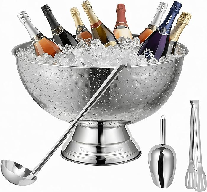 12L Hammered Large Ice Bucket for Parties - 16"x16"x10" Huge Punch Bowl with Ladle - Stainless St... | Amazon (US)
