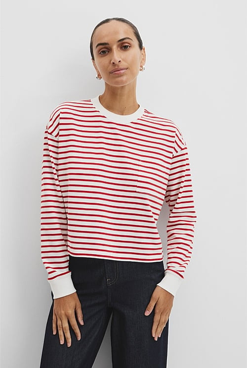 Australian Cotton Long Sleeve Crop Stripe T-Shirt | Country Road