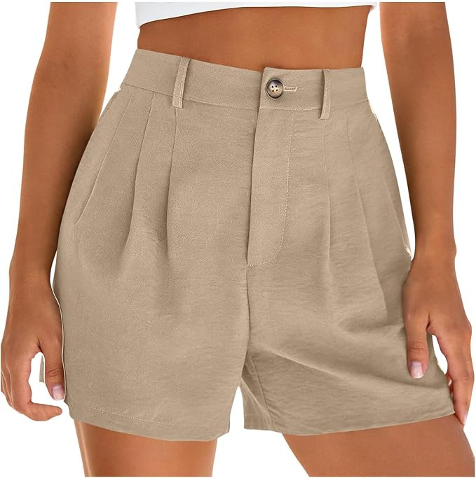 Womens Casual Pleated Linen Shorts Dressy Business Work Shorts Button Elastic High Waisted Short ... | Amazon (CA)