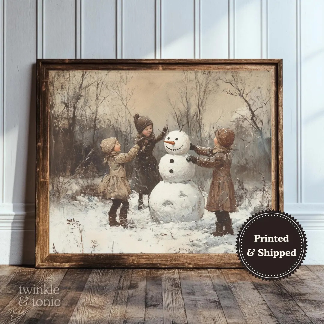 Vintage Snowman Painting, Rustic Farmhouse Wall Art, Moody Holiday Print, Antique Landscape, Chri... | Etsy (US)