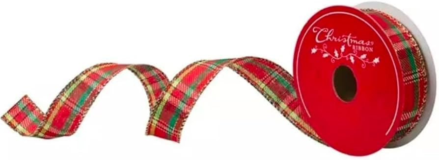Gold, Red and Green Plaid Wired Edge Ribbon 1" Christmas Holiday Craft DIY Projects Length 30' | Amazon (US)