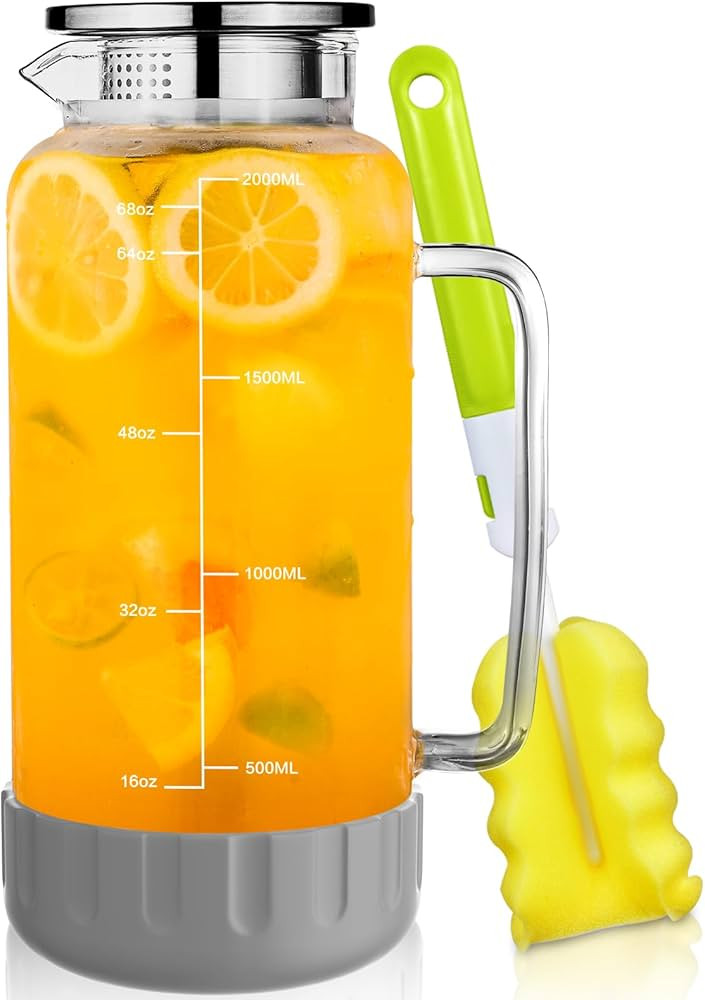 Aofmee 68oz Glass Pitcher with Lid, 2 Liter Water Carafe with Silicone Base and Precise Scale Lin... | Amazon (US)