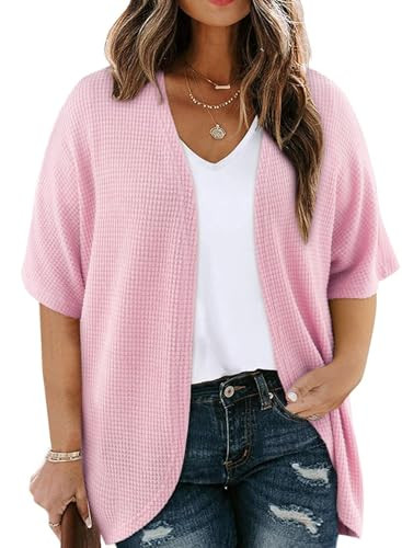 Eytino Women Plus Size Summer Cardigan Short Sleeve Kimono Coverups Loose Casual Open Front Cardigans for Beachwear,5X Pink | Amazon (US)