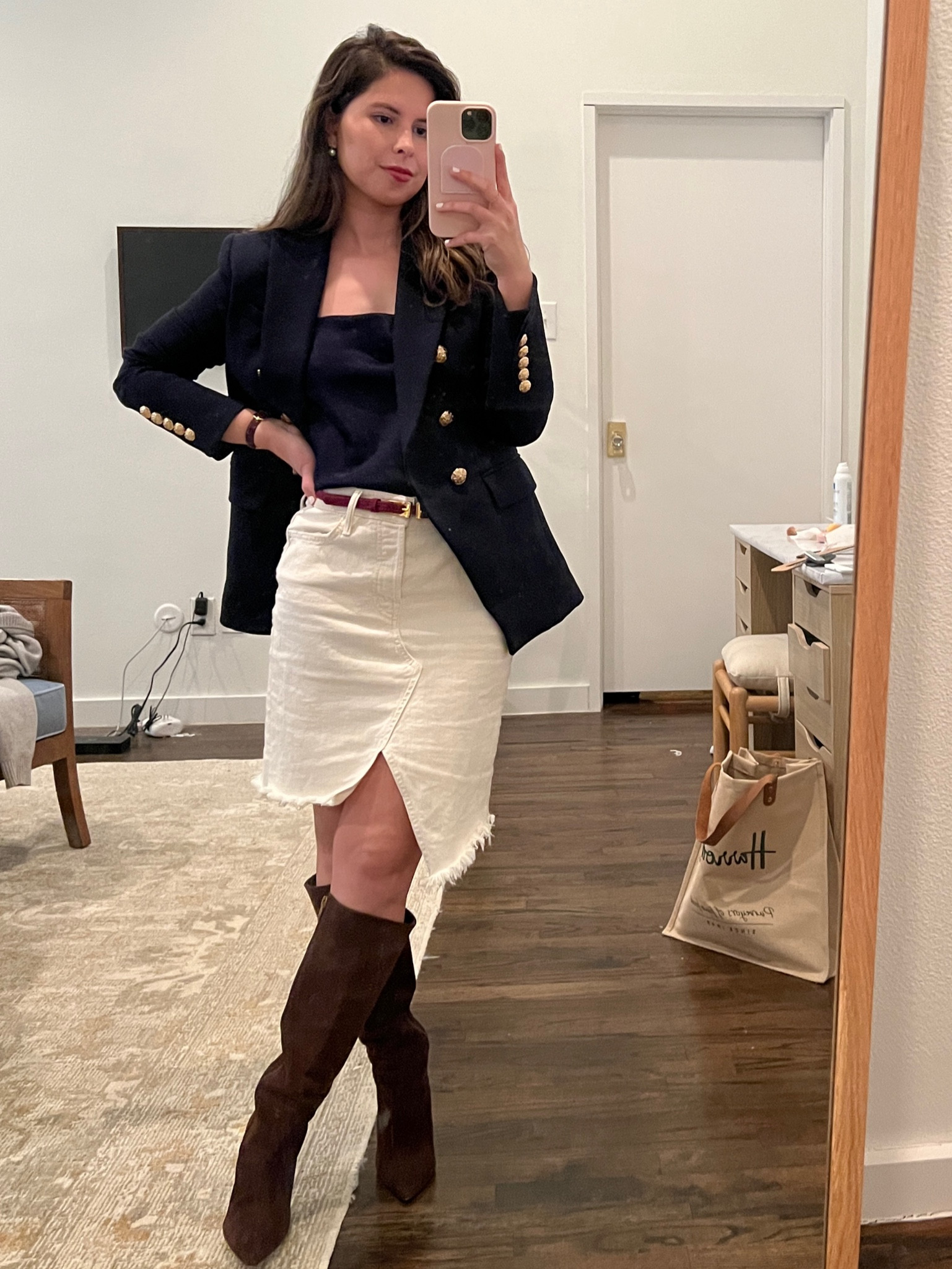 Spring dinner outfit, long denim skirt, white denim and navy, navy blazer, Veronica beard, Vince camuto brown suede boots, Alice + Olivia navy silk cami, Harmon top, neutral style, chic aesthetic 

#LTKstyletip #LTKshoecrush