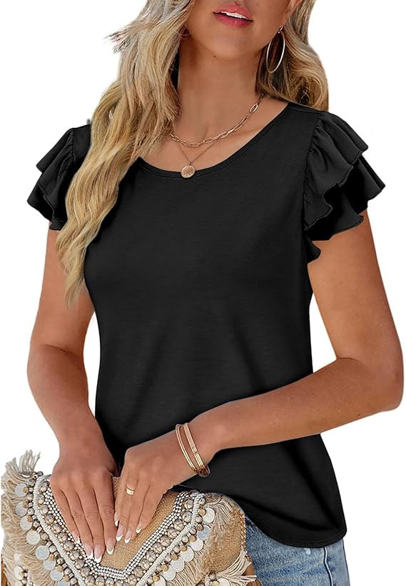 NORACORA Womens Ruffle Short Sleeve Summer Tops Cute Crew Neck Bacis T Shirts Casual Blouses | Amazon (US)
