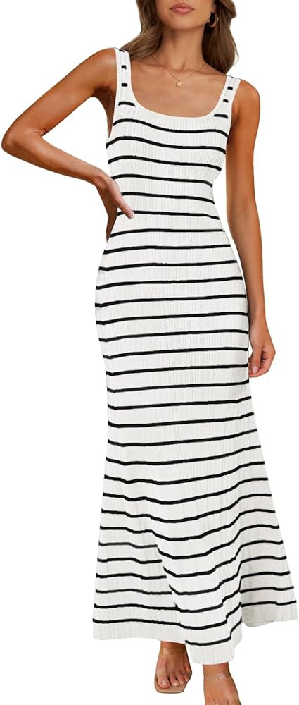MEROKEETY Women's Sleeveless Striped Bodycon Maxi Dress Square Neck Ribbed Knitted Tank Sweater D... | Amazon (US)