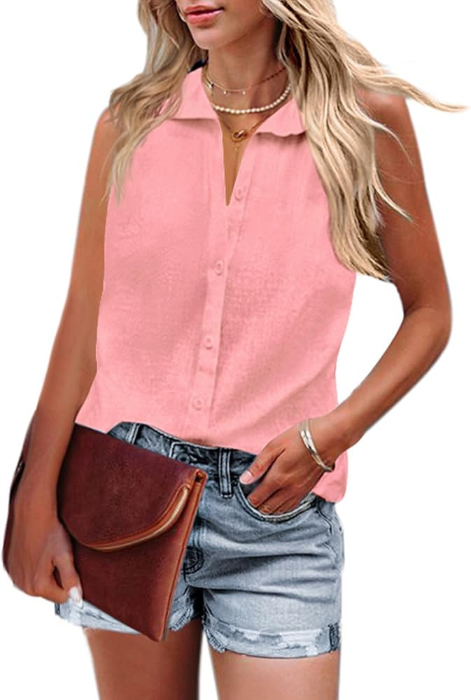 Hotouch Womens Cotton Linen Button Down Shirt Sleeveless Collared Blouse Business Work Top Casual... | Amazon (US)