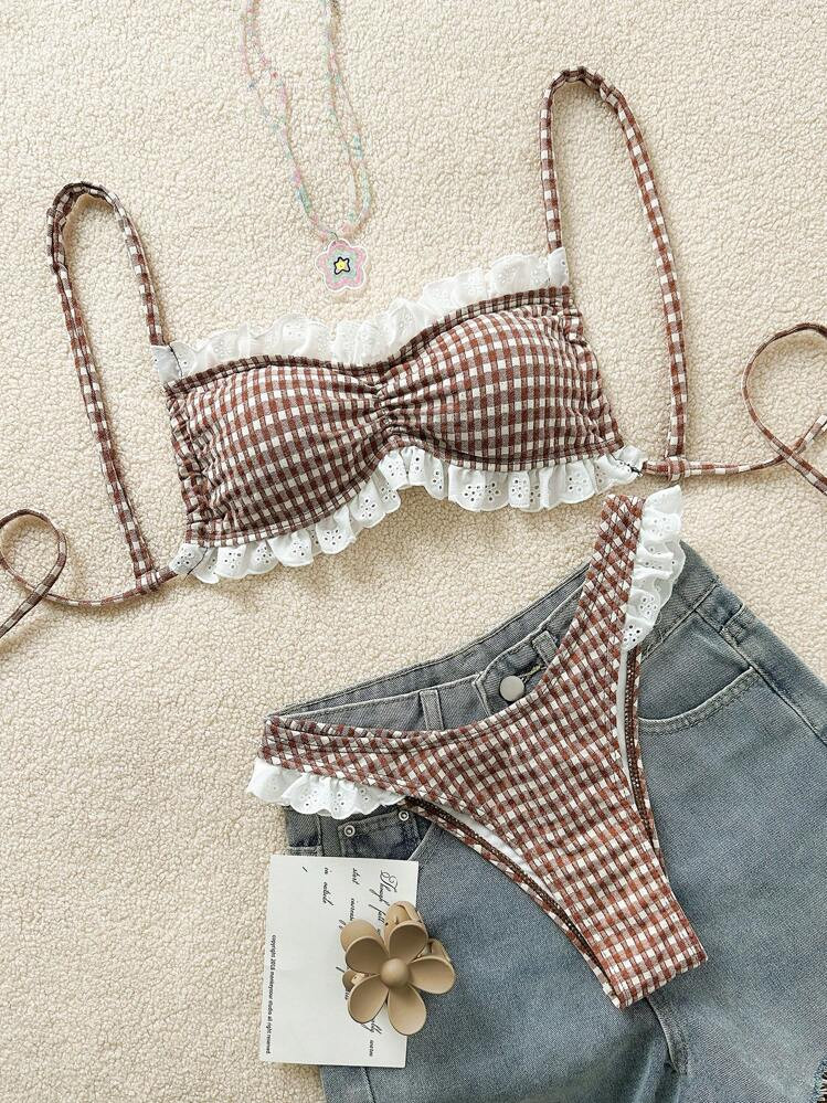 Swim Mod Plaid Ruffle Spaghetti Strap Cute Swimwear Set For Women Summer Beach Wear | SHEIN