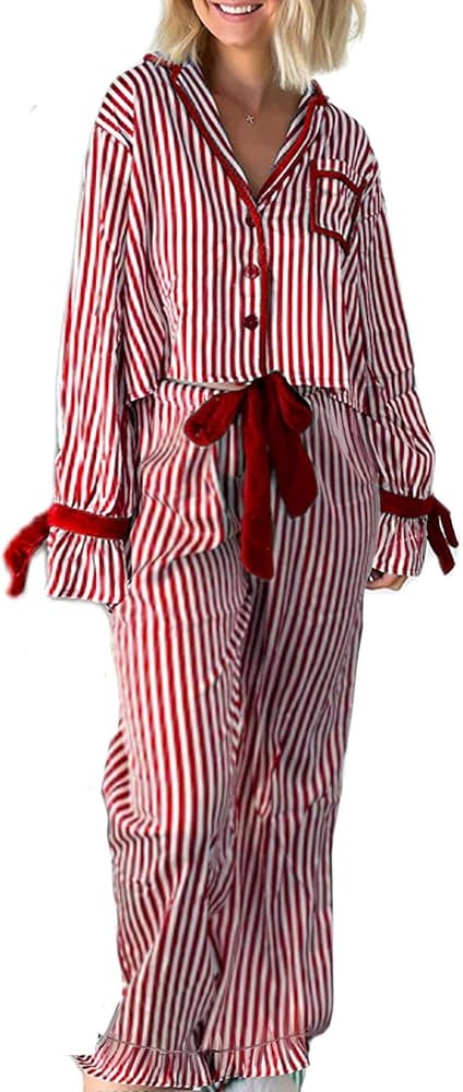 Sunloudy Christmas Pajama Sets for Women 2 Piece Bow Tie Long Sleeve Striped Shirt and Pants Xmas... | Amazon (US)
