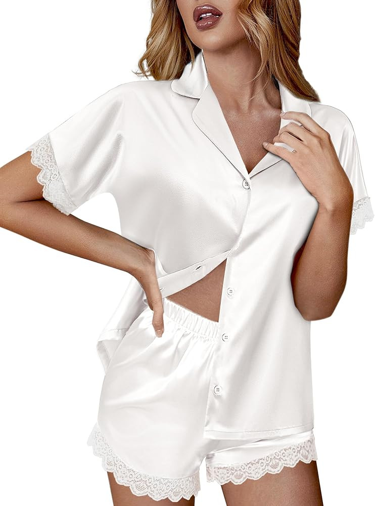 Ekouaer Womens Satin Silk Pajamas Set 2 Piece Button Down Pjs Shorts Set Short Sleeve Sleepwear L... | Amazon (US)