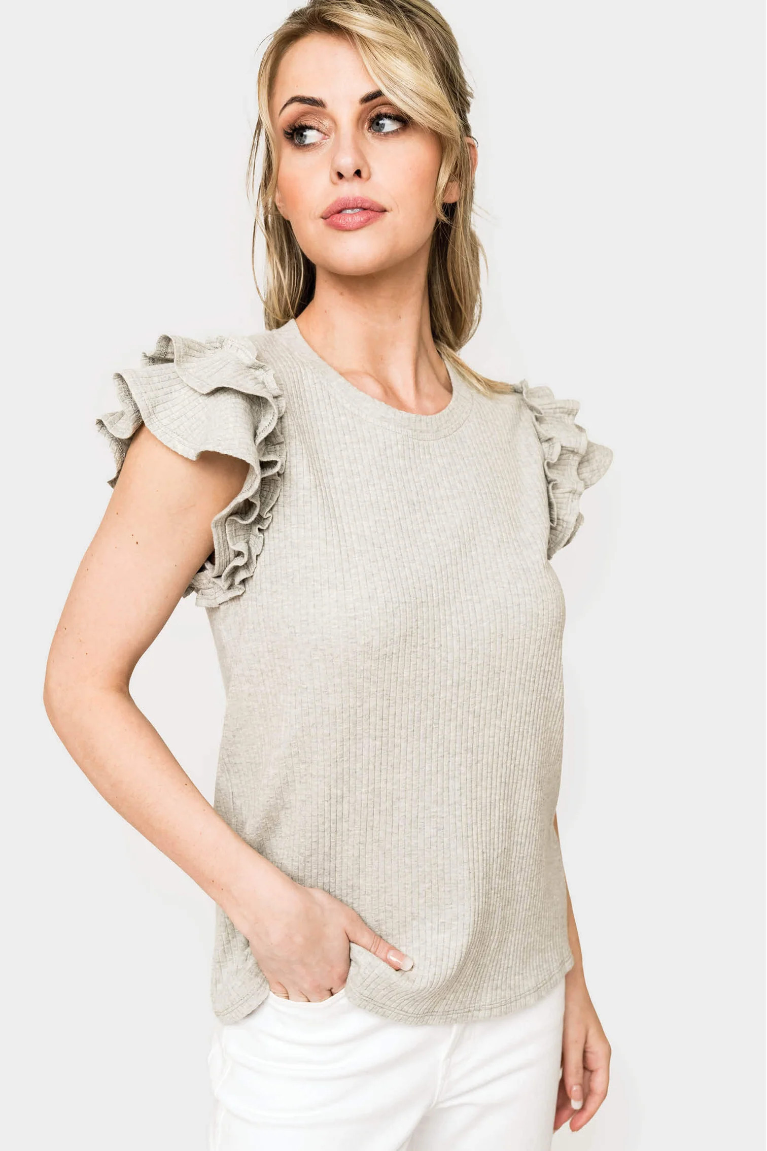 Flutter Sleeve Rib Knit Top | Gibson