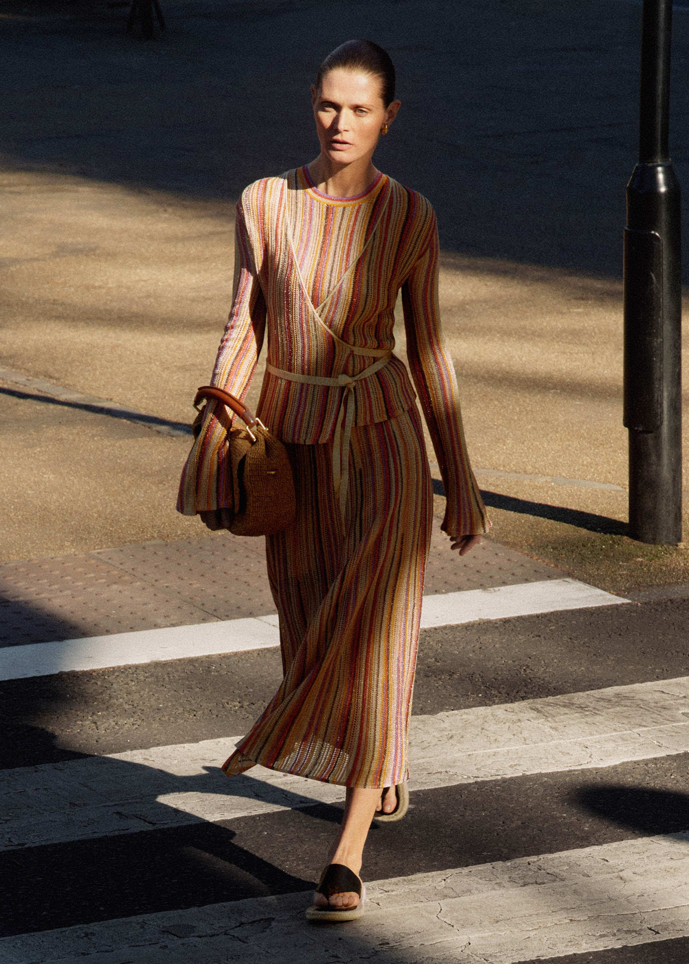 Women's Gold Metallic Textured Stripe Knit Wrap Top Three-Piece Set | ME+EM | ME+EM US