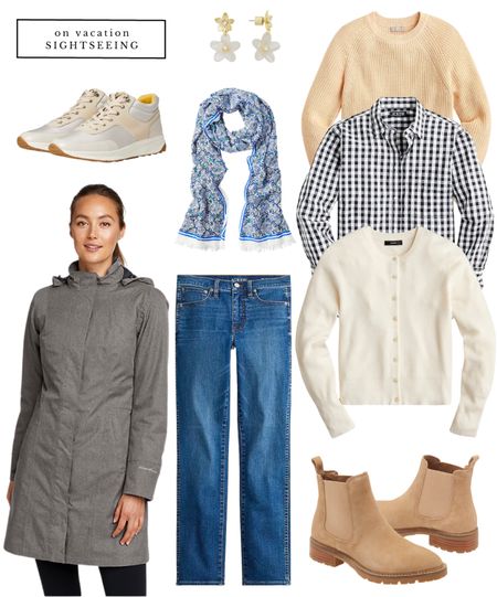 Travel outfit idea - sightseeing outfit for spring vacation to Europe // insulated rain jacket, walking sneakers, Chelsea boots, light sweater, gingham shirt, floral scarf, cream cardigan 

#LTKtravel #LTKstyletip #LTKeurope