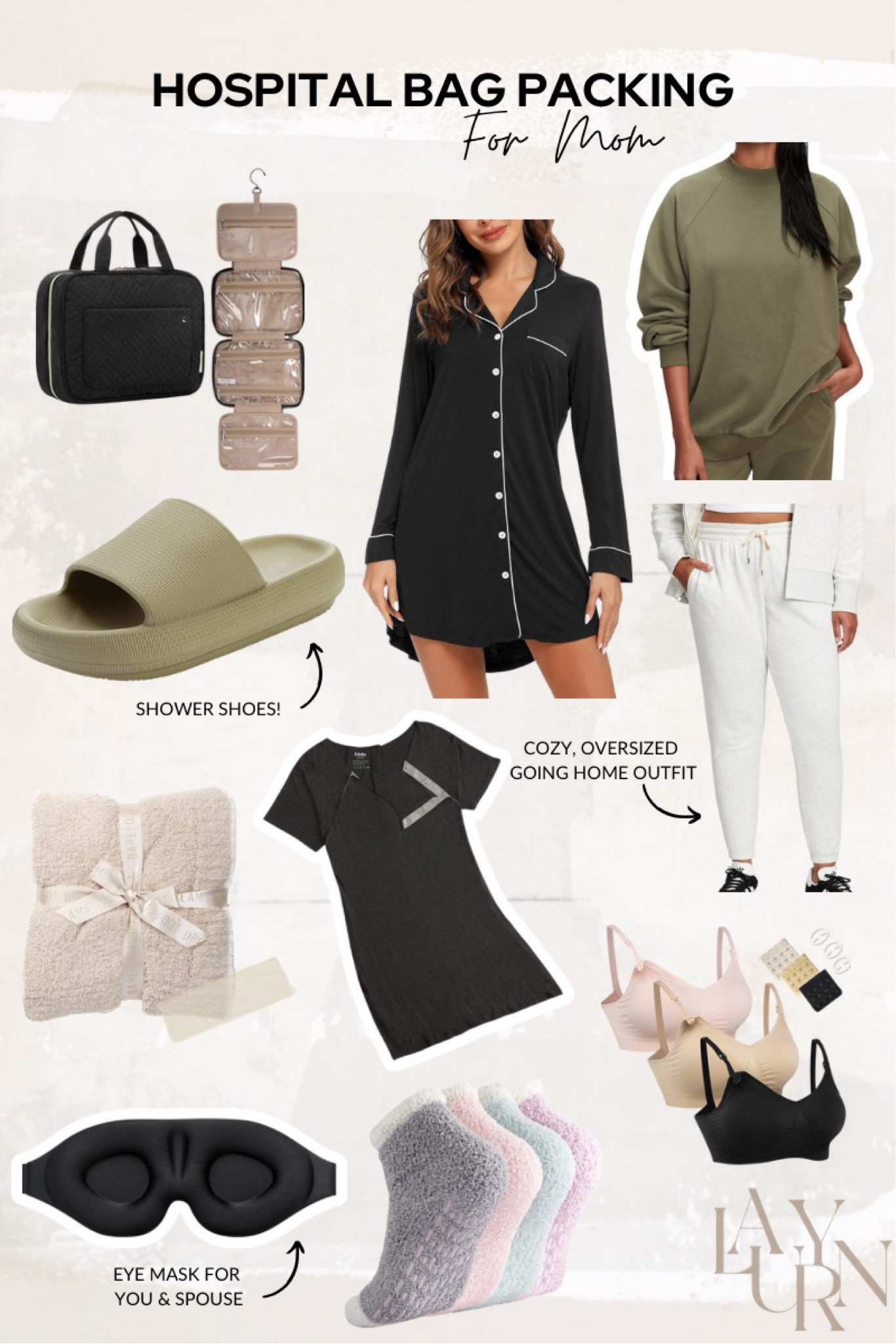 Labor and delivery hospital bag packing: for mom // labor gown, pjs, pajama dress, nursing friendly, oversized sweatshirt, joggers, nursing bra, sandals, toiletry bag 