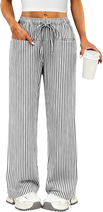 ANRABESS Womens Striped Gingham Pants 2026 Pajama Drawstring Wide Leg Lounge Plaid Pants Cute Cas... | Amazon (US)