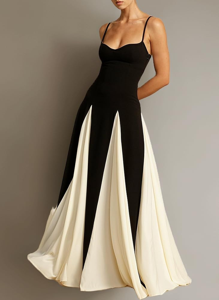 Elegant Color Block Evening Gown Dress Low Cut Sleeveless Patchwork Pleated Maxi Dress for Women ... | Amazon (UK)
