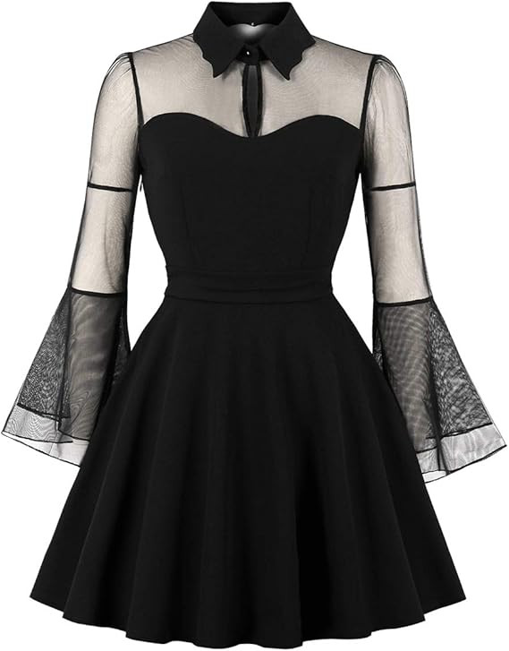 Wellwits Women's Keyhole Mesh Bell Long Sleeves Gothic Cocktail Vintage Dress | Amazon (US)
