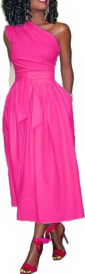 Flamingals Women's One Shoulder Dress Sleeveless Knot Waist Flare Long Maxi Dress for Summer | Amazon (US)