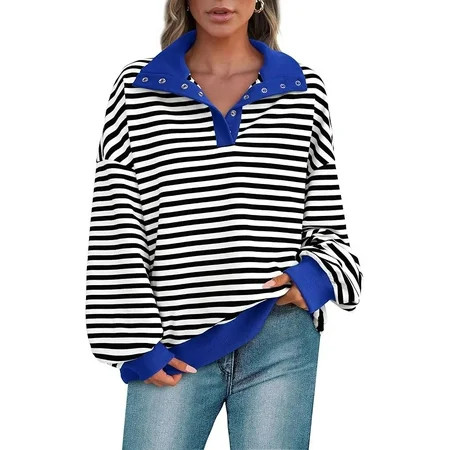 PRETTYGARDEN Women s Oversized Striped Sweatshirts Spring Fall Trendy Casual Long Sleeve Button Up Tops Shirt Preppy Clothes | Walmart (US)