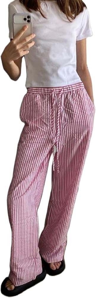 Juakoso Women's Gingham Straight Leg Trousers Casual Striped High Waisted Wide Leg Pants Y2K Loun... | Amazon (US)
