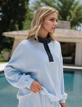 MISSACTIVER Womens 2 Piece Waffle Knit Lounge Sets Oversized Color Block Mock Neck Sweatshirt Sho... | Amazon (US)
