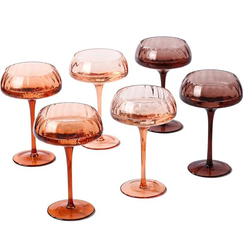 Totomogug Amber Brown Coupe Glasses Set of 6 – 10 oz Hand Blown Ribbed Martini Glasses, Vintage Cocktail Champagne Glassware for Home Bar, Mother’s Day Father’s Day Birthday Gifts | Amazon (US)