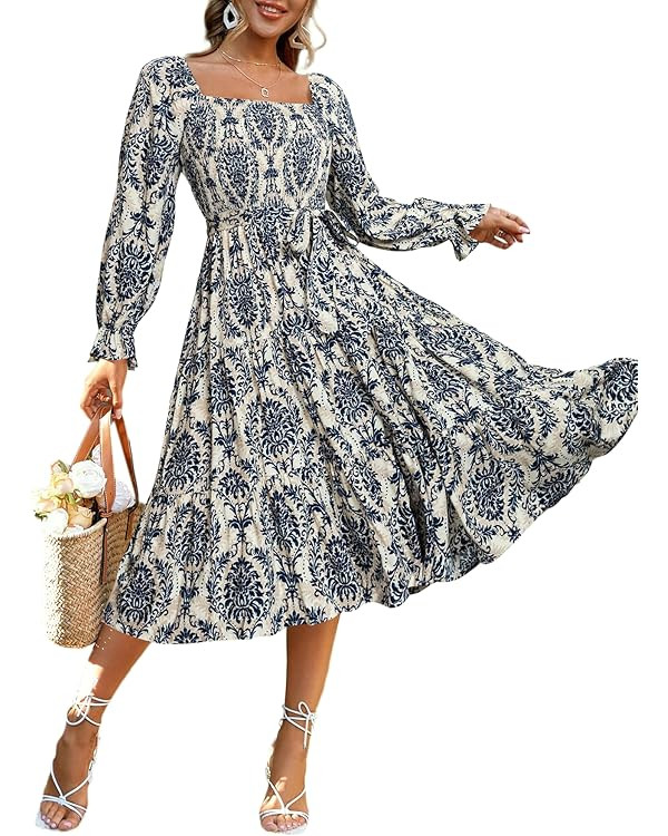 Simplee Womens Long Sleeve Maxi Floral Dress Casual Square Neck Long Flowy Boho Dresses | Amazon (US)