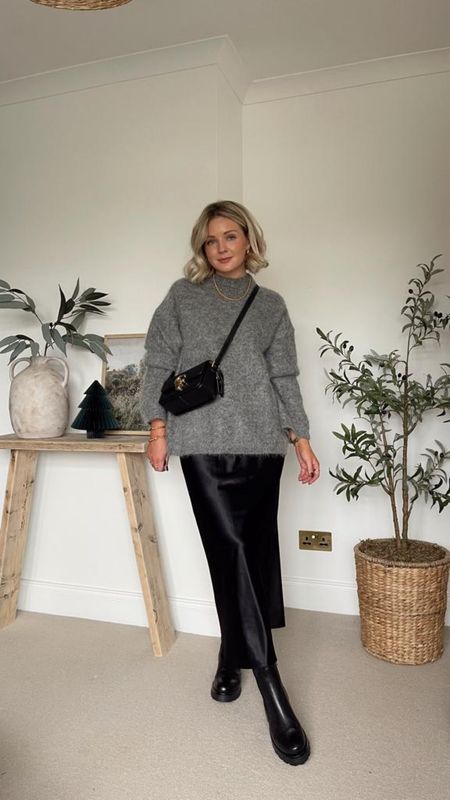 Ways to wear a black satin skirt - cosy casual grey & black look. H&M grey mohair jumper, coach studio crossbody bag & black chunky boots  

#LTKstyletip #LTKeurope #LTKSeasonal