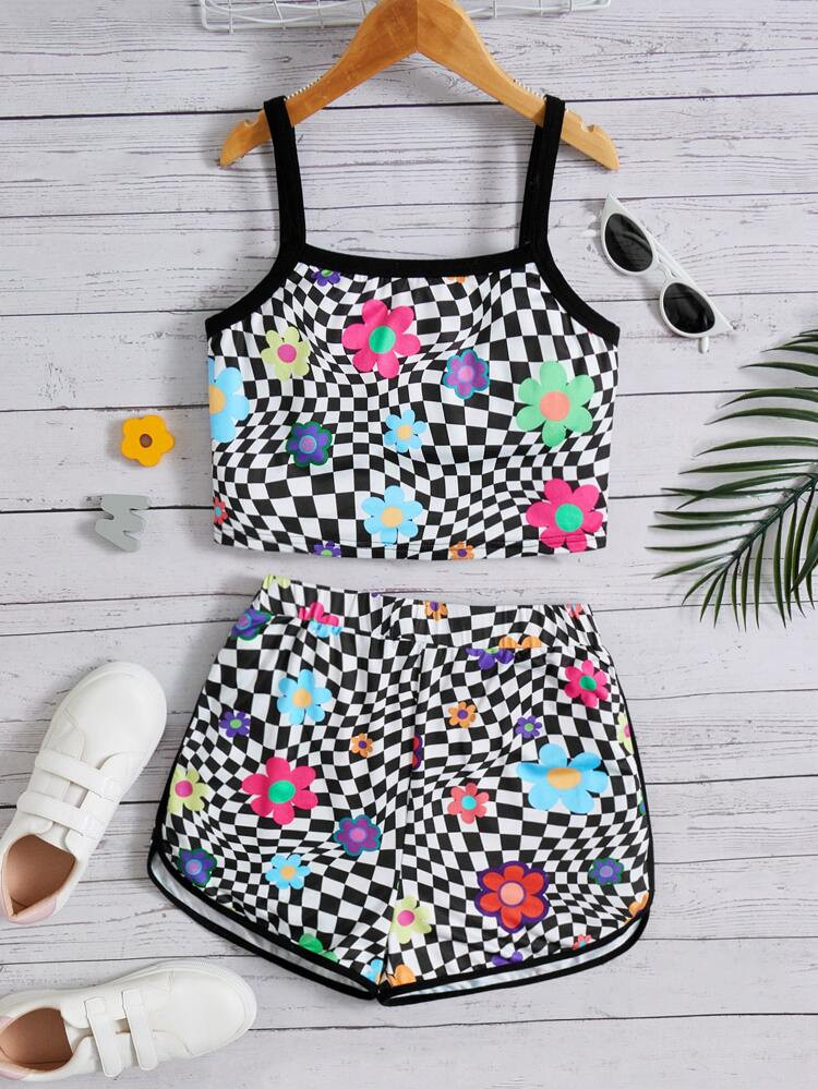 SHEIN Teen Girls Floral & Checker Print Cami Top & Shorts
       
              
              $8... | SHEIN