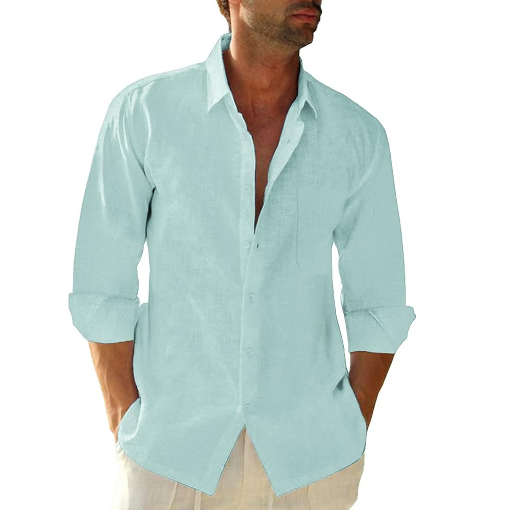 Button Down Linen Shirts for Men Casual Long Sleeve Regular Fit Cotton Beach Shirts with Pocket | Amazon (US)