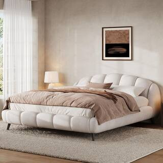 Modern Beige Chenille Fabric Upholstered Solid Wood Frame Shell Shape King Size Platform Bed with Headboard, Steel Legs | The Home Depot
