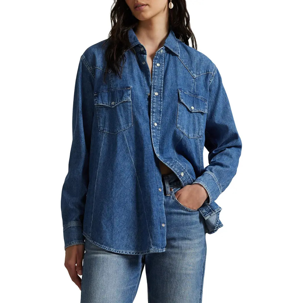 Polo Ralph Lauren Denim Trapeze Western Shirt in Nisku Wash at Nordstrom, Size X-Large | Nordstrom