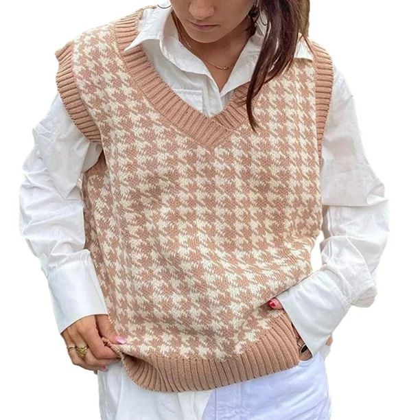 Cathery Women Sweater Vest Plaid Knitted V-neck Loose Sleeveless Bottom Pullover | Walmart (US)