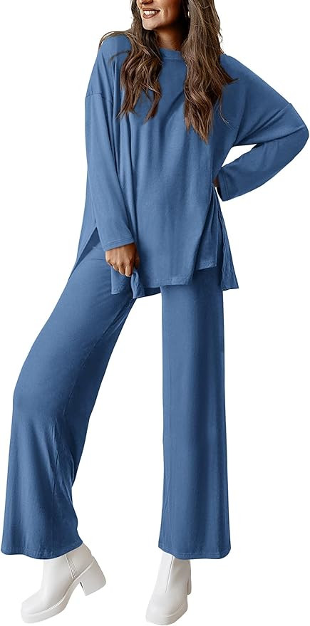 PRETTYGARDEN Women's Two Piece Lounge Sets Matching Long Sleeve Shirts Wide Leg Pants Tracksuits ... | Amazon (US)