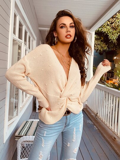 Drop Shoulder Twist Front Pearls Beaded Sweater | SHEIN