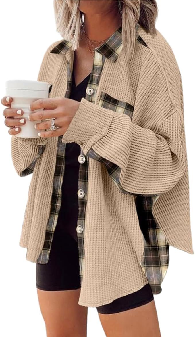 Melliflo Waffle Knit Plaid Shacket for Women,Boyfriend Loose Shirt Jacket with Pockets, Button Do... | Amazon (US)
