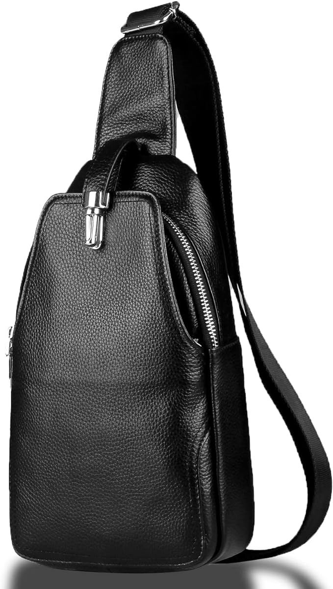 DK86 Leather Sling Backpack Chest Crossbody Shoulder Bag Travel Daypack for Men and Women - Black... | Amazon (US)