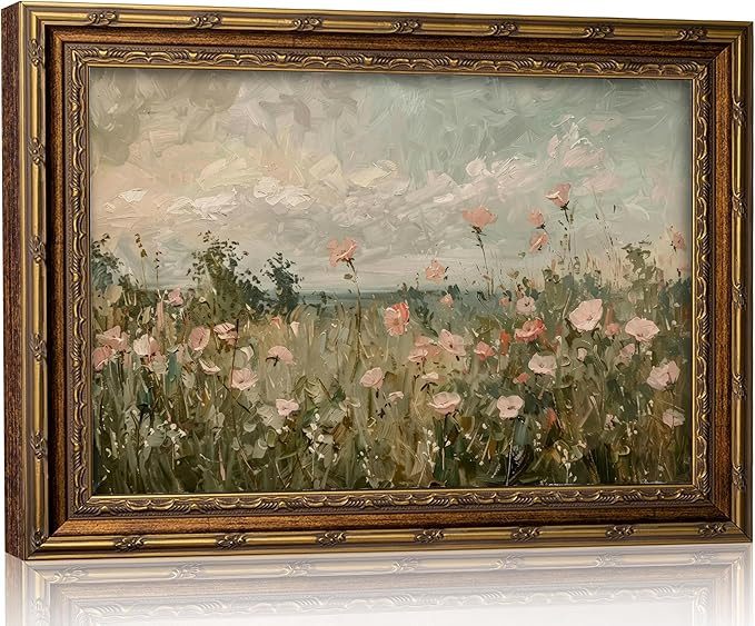 Vintage Gold Framed 3D Texture Wildflower Canvas Wall Art Pink Wildflower Landscape Wall Decor Fi... | Amazon (US)