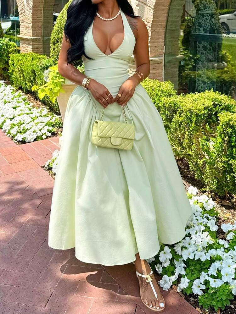 Unadoll Women's Low Cut, Neck Hanging, Backless, Waist Cinching, Elegant And Sexy Dress, Suitable For Beach Vacations, Dates, Music Festivals, Back To School Dresses | SHEIN