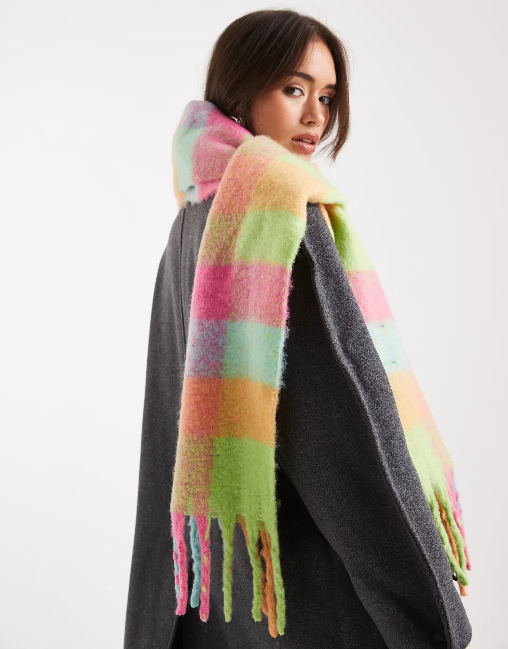 Pieces super soft tassel scarf in bright check | ASOS | ASOS (Global)